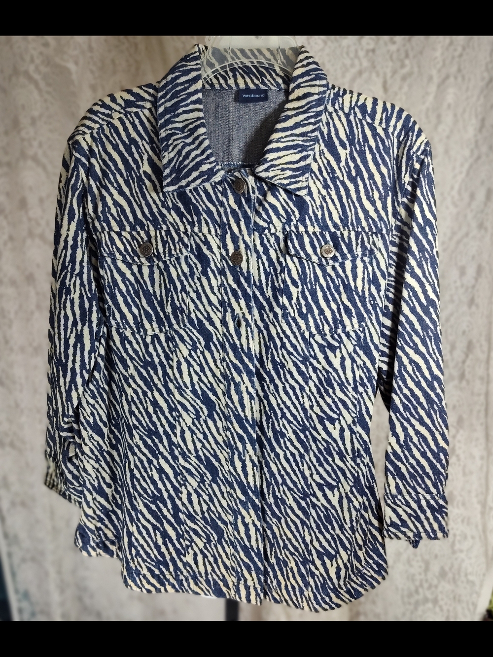 Westbound Navy and White Zebra-Print Button Front Denim Jacket